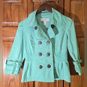 American Rag Light Green Double Breasted 3/4 Tie Detail Ruching Jacket Sz XS